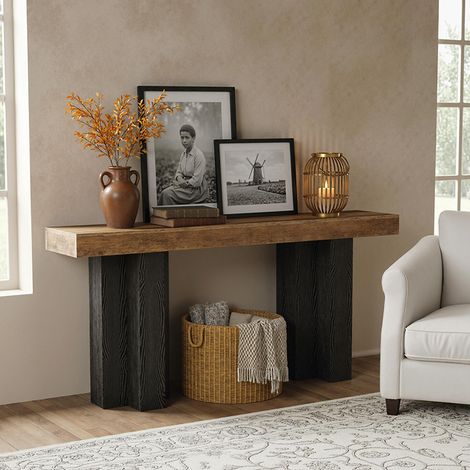 Konsolentisch aus Holz, 160 × 30 × 80 cm, stabil, schmal, lange Beine, für Eingangsbereich, Flur, Wohnzimmer, Foyer, Braun und Schwarz