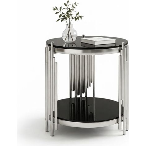 ELVMI Table Basse Ronde à 2 Niveaux avec Rangement, Cadre en Acier Inoxydable et Verre Trempé Noir, Salon (1/5)