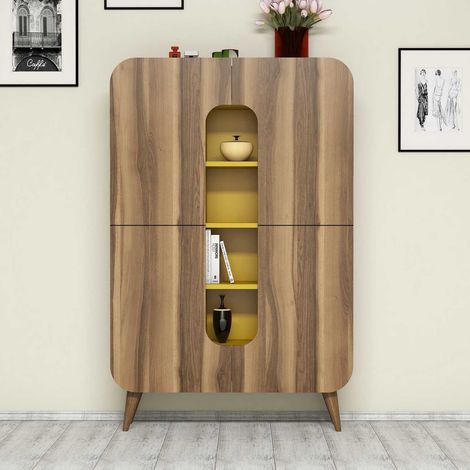 Cotecosy – Armoire de rangement 2 portes en bois noyer et jaune – Dimensions 93x144x31.8 cm – 4 étagères intérieures – Design moderne et élégant (1/4)