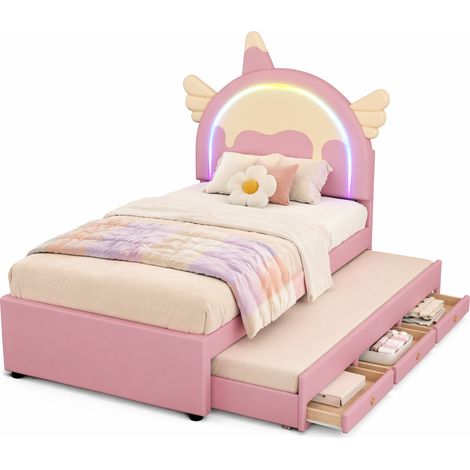 Lit enfant 90x200 cm licorne avec lit gigogne et tiroirs, cuir régénéré rose, design cartoon ludique, pour chambre enfant gain de place et rangement - CHICFURN (1/5)