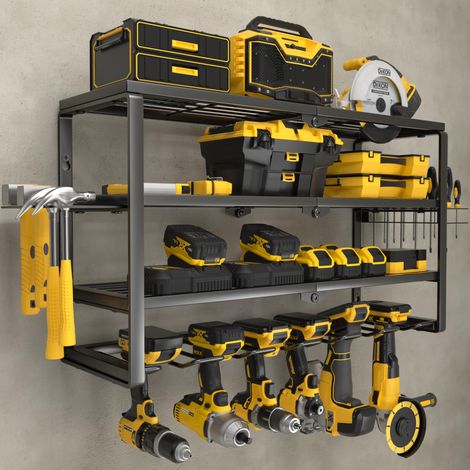Support Mural à 4 Niveaux pour Outils électriques, Rangement sans Fil, pour Outils de Batterie avec Station de Charge, Organisation du Garage, Atelier, Panneau perforé, 61 cm, 6 emplacements (1/5)