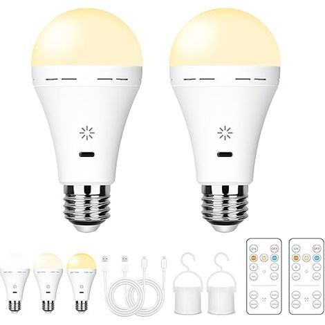 Ampoule Rechargeable USB Avec Télécommande, 3 Températures de Couleur, E27 LED Dimmable à Batterie, 7W Touch Control Avec Minuterie, Secours Avec Crochet, 2600mAh (1/5)