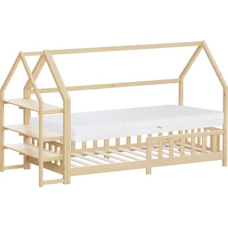 ML-Design Letto a Casetta 90x200 cm per Bambini, Naturale, in Legno di Pino, con Materasso 16 cm, Protezione Anticaduta e Libreria Integrata, Tetto e Rete a Doghe, Letto a Terra Style Montessori