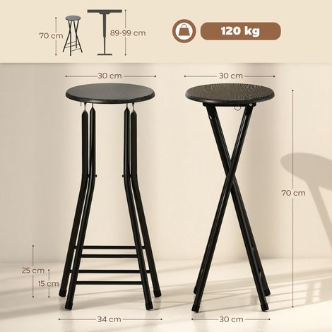 Tabourets de bar pliants (lot de 2, avec double repose-pieds), en bois et acier, 34x30x70cm, noir. (1/5)