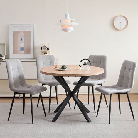 Wokaka Set tavolo e sedie stile nordico - Tavolo rotondo da 100 cm (colore rovere) - 4 sedie da pranzo in velluto a coste (grigio chiaro)
