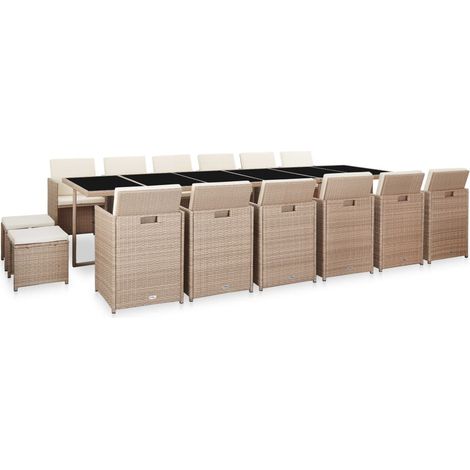 17-tlg. Garten-Essgruppe mit Auflagen Poly Rattan Beige