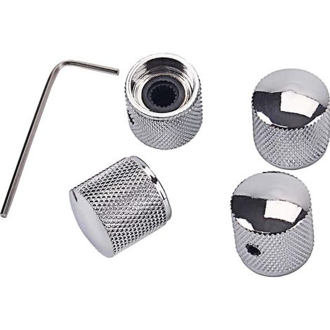 Ein Set aus 4 verchromten Lautstärke- und Klangreglern aus Metall, inklusive Inbusschlüssel und Schrauben, geeignet für E-Gitarren und E-Bässe. (1/5)
