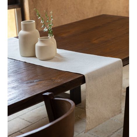 Chemin de table 220 x 30 cm en lin mélangé, beige, idéal pour un dîner de Noël. (1/5)