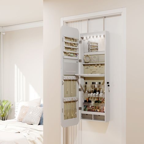 Specchio portagioie con luce LED, da parete o da porta con serratura, specchio a figura intera, 2 cassetti, bianco