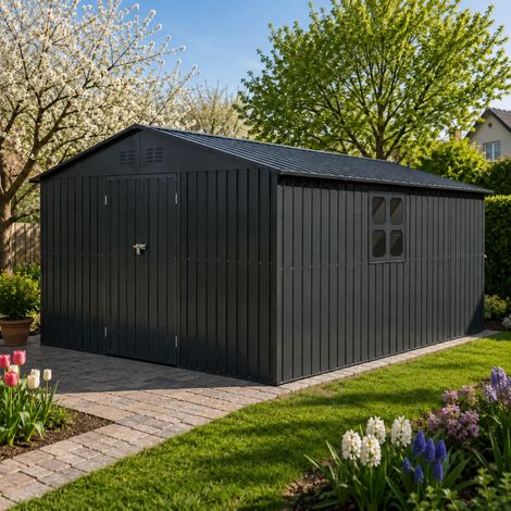 Albatros Gerätehaus 4XL  Anthrazit RAL 7016  386,6x325,5x204cm  abschließbar inkl. Schloss & Werkzeughaken  Gartenhaus aus verzinktem wetterfestem (1/5)