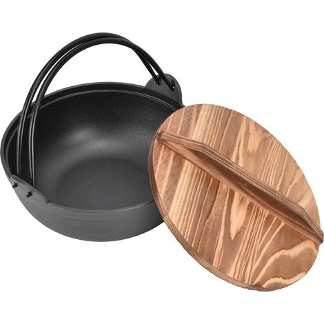 Marmite à sukiyaki, 25 cm (9,8 pouces), robuste, en fonte, avec couvercle en bois, revêtement antiadhésif, répartition uniforme de la chaleur, usage polyvalent (1/5)