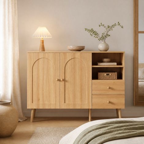 Sideboard 118 x 35 x 82 cm mit 2 Türen, 2 Schubladen und 2 offenen Fächern, Naturholz OKMYHOME (1/5)