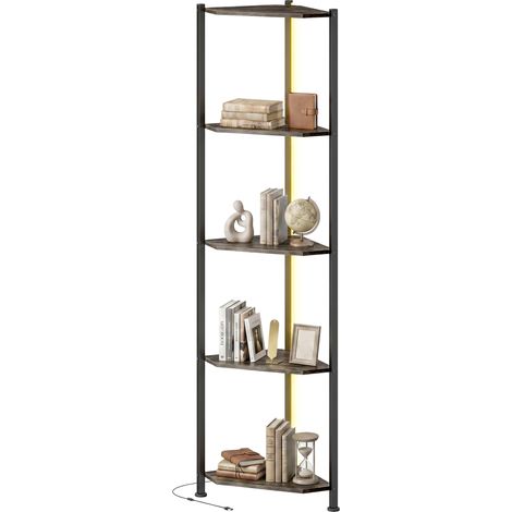 Étagère d'angle à 5 niveaux avec éclairage LED pour salon, chambre, bureau, marron rustique (1/5)