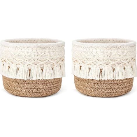 Lot de 2 Paniers Ronds en Corde de Coton avec Pompons, Organisateurs de Maquillage pour Coiffeuse et SDB (1/5)