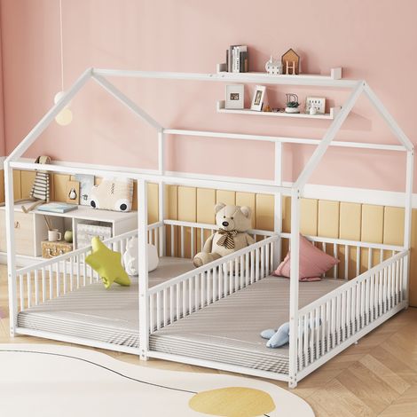 Bett Kinder-Etagenbett Hausform 90x200 cm, Metall weiß, mit Sicherheitsgeländer und Leiter (1/5)