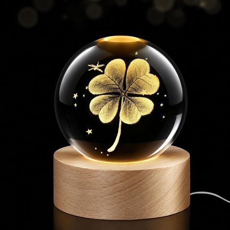 Lámpara de noche de bola de cristal 3D, bola de cristal luminosa con forma de trébol de cuatro hojas (1/4)
