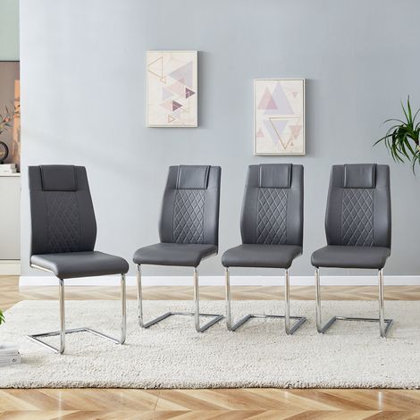 Lot de 4 chaises de salle à manger avec dossier en filet, pieds en métal argenté brillant, patins antidérapants, similicuir PU gris foncé