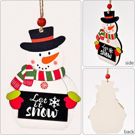 Décoration de Noël en bois imprimé : 3 ornements suspendus (personne âgée, bonhomme de neige, renne) pour ambiance festive, lot en sachet. (1/5)