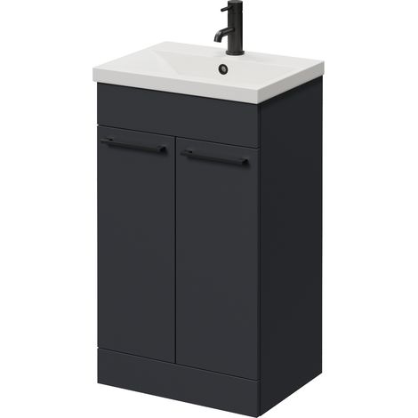 Napoli 390 Gloss Grey 500mm 2 Door Vanity Unit with Glide Basin - 500mm - Matt Black 160mm Handle