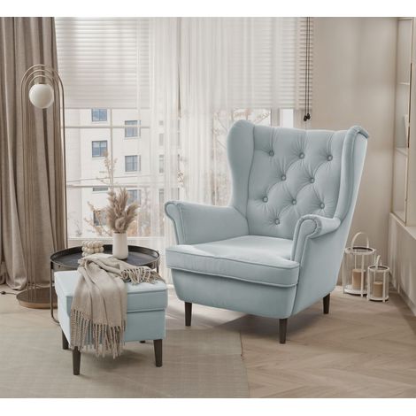 Sessel Ohrensessel NINON inkl. Hocker in Stoff Trinity Hellblau