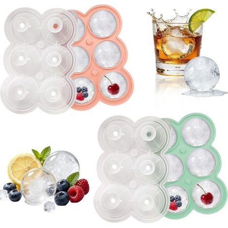 Ce moule à glaçons en silicone en deux parties permet de réaliser six boules de glace de 4,5 cm de diamètre. Convient pour les cocktails et autres boissons (vert et rose). (1/5)