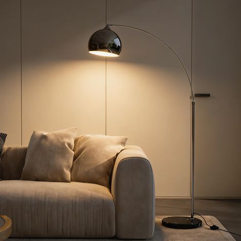 Lampadaire Arc Vintage Bras Réglable Abat-Jour Dôme Argenté Base en Marbre Noir Douille E27 pour Salon Lecture (1/5)