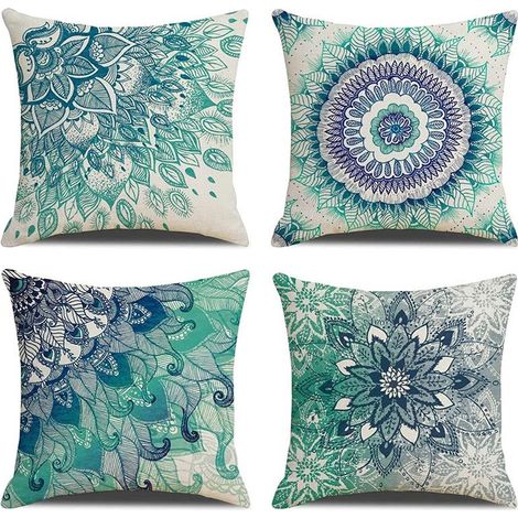 Lot de 4 taies d'oreiller bleu clair avec fleurs, 45x45 cm, coussins carrés bleu paon peints à la main, housses avec fermeture éclair invisible, parfaites pour canapés et sofas (1/5)