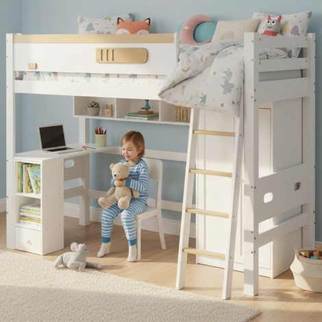 Lit superposé pour enfant avec barrière de sécurité, table, armoire, étagère ouverte, grand espace de rangement, échelle à quatre marches, pin + MDF + contreplaqué, blanc + naturel, 90x200cm