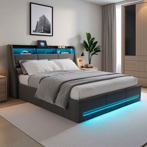 Letto 140x190 cm, 9HGY, porta USB, LED regolabile, idraulico, letto per adulti, struttura letto matrimoniale 140x190 cm, lino, grigio