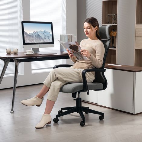 Chaise de bureau avec dossier rembourré. roulettes. accoudoirs. hauteur réglable. en laine synthétique. grise
