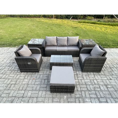 Fimous Polyrattan Gartenmöbelset Garten Lounge Set mit Liegestühle Rechteckiger Couchtisch 2 Beistelltischen 2 Großer Hockernn Dunkelgrau Gemischt (1/5)
