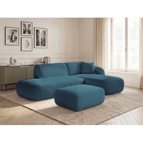 BOBOCHIC - Canapé d'angle fixe modulable ANDA avec 1 méridienne, 1 chauffeuse bout de canapé et 1 pouf Angle droit  Bleu clair