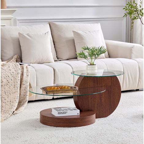 Table basse en MDF décor noyer et verre transparent, design 2 niveaux Ø 70 cm (1/5)