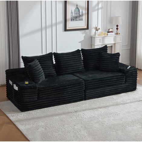 Canapé convertible 273x98x87 cm noir en velours côtelé avec poches latérales et porte-gobelets (1/5)