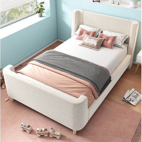 Lit enfant velours beige 90x200 cm, sommier à lattes inclus, style traîneau à motif spatial (1/5)