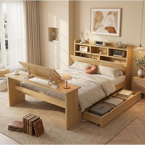 Letto singolo 140x200 cm naturale in legno con cassetto, ripiani e tavolo pieghevole (1/5)