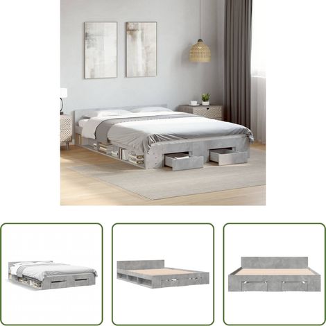 vidaXL Bois d'ingénierie -  Cadre de lit avec tiroirs sans matelas gris béton 160x200 cm (1/5)