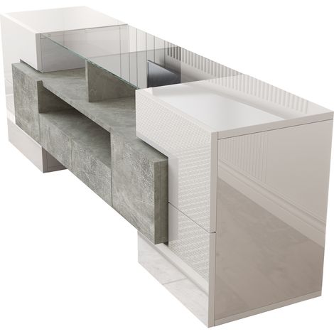 Mueble TV bajo 145 cm blanco brillo efecto cemento con LED y superficie de vidrio (1/5)