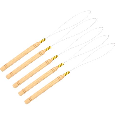 Lot de 5 Aiguilles à Boucle pour Extensions de Cheveux, Outil en Bois avec Crochet Tire-Fil, Passe-Fil pour Pose de Rallonges Capillaires (1/5)