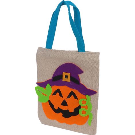 Sac fourre-tout en lin, joli sac de rangement coloré pour la décoration d'Halloween, les fêtes et les déguisements. Chapeau violet, citrouille, beige. (1/5)