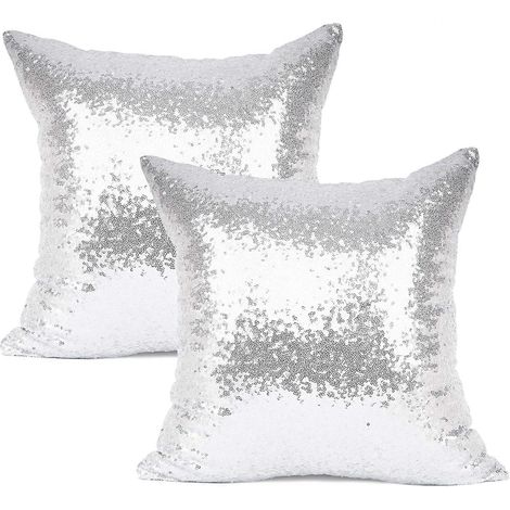 2er-Pack, Neue Luxus-Serie, silberner, dekorativer, glitzernder Pailletten- und bequemer Satin-Kissenbezug für Hochzeit/Weihnachten, 45,7 x 45,7 cm (1/5)