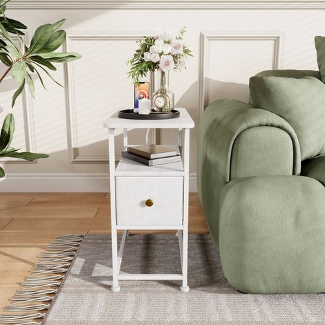 HYTKKBD – Table D'appoint 60x30x62cm,Bout de Canape avec Prise Électrique et Port USB,Side Table avec Tiroir de Rangement,Table de Chevet,Idéale Pour Salon et Chambre, Blanc (1/5)