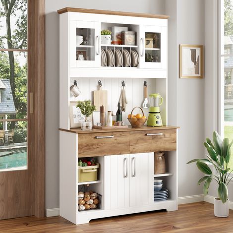 LINHOO Buffet de Cuisine 106x39x176,5 cm avec Vitrines, 2 Tiroirs, Portes et Crochets (1/5)