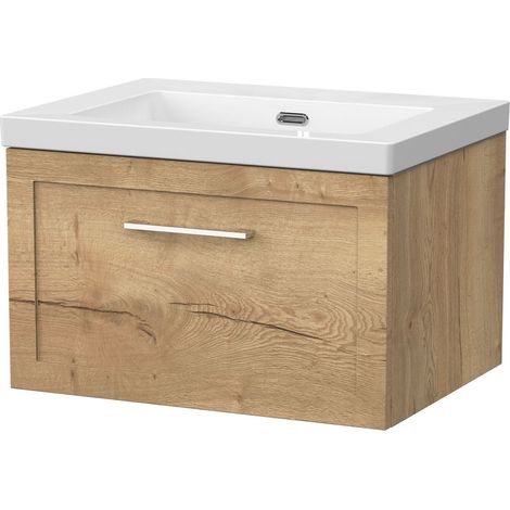 Stonnall Traditional Wall Hung 1 Drawer Vanity Unit with 0 Tap Hole Fireclay Basin, 600mm, Autumn Oak