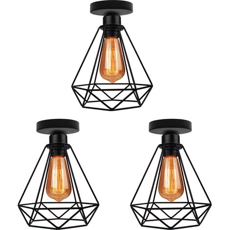 Diamond Hanging Pendant Light, Industrial Ceiling Lamp with Metal Cage Lampshade, Retro Black Chanderlier for Kitchen Island Dining Room (Ø20cm) 3PCS