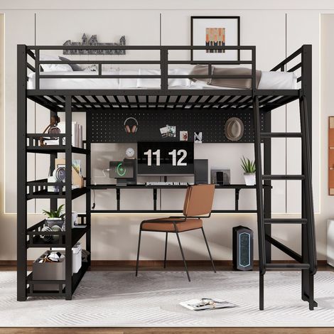 Lit Mezzanine en fer-noir-étagères intégrées-prise de chargement-échelle 4 marches-panneaux de particules-208x172x170cm-Sans Matelas (1/5)