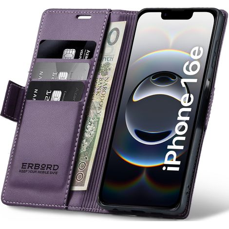 Funda para iPhone 17e / 16e, funda tipo cartera brillante con solapa, color lichi, color morado. (1/5)