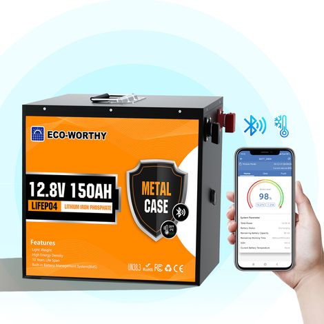 Eco-Worthy – Batterie lithium 12V 150Ah LiFePO4 Bluetooth – BMS avec protection – 3000+ cycles – Pour camping-car et systèmes de stockage d'énergie