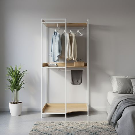 Sweeek – Dressing d'angle blanc 4 penderies – 2 étagères modulables – Panneaux stratifiés éco-responsables – L 80 x P 80 x H 190 cm