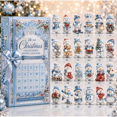 Adventskalender 2026 – 24-teilig – blau-weiß – Acryl – 28 x 20 cm – Schneemann-Weihnachtsbaumschmuck – Christbaumschmuck – geeignet als Weihnachtsgeschenk und für die Inneneinrichtung (1/5)